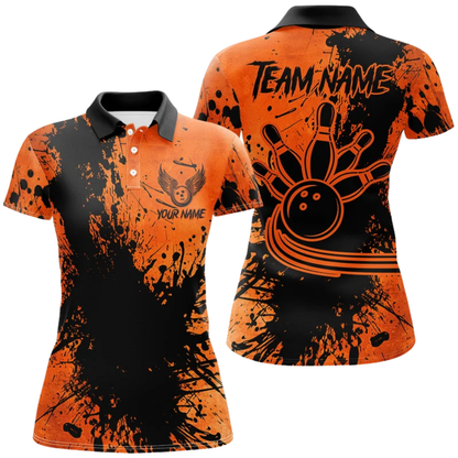 Women's Custom Team Orange Black Spash Bowling Polo Shirt, Custom Bowling Shirts For Ladies BZ0736