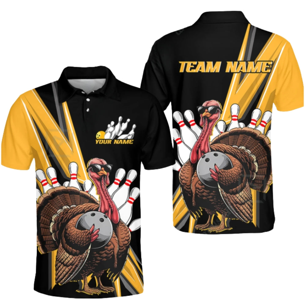 Custom Turkey Black Orange Bowling Men Polo Shirt, Custom Team Bowling Shirts For Thanksgiving BZ0392