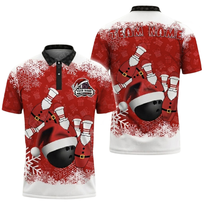 Custom Christmas Red Bowling Polo Shirt For Men, Custom Team Xmas Bowling Shirts BZ0625