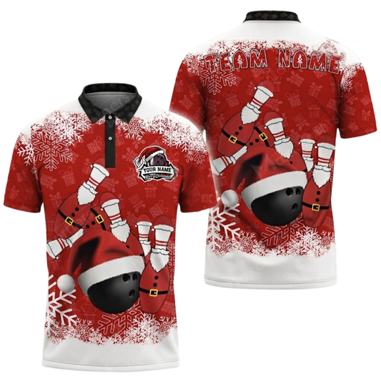 Custom Christmas Red Bowling Polo Shirt For Men, Custom Team Xmas Bowling Shirts BZ0625