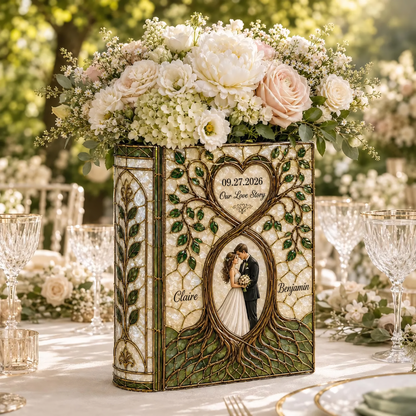 Personalized Tree Of Life Stained Glass Wedding Ceramic Book Vase, Personalized Wedding Stained Glass Book Vase WD0594