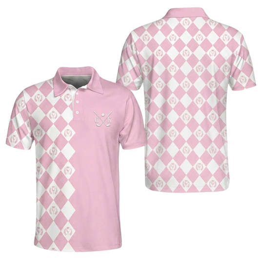 Custom Argyle Pink Golf Polo Shirt Mens, Custom Initial Name Argyle Golf Shirts GE0577