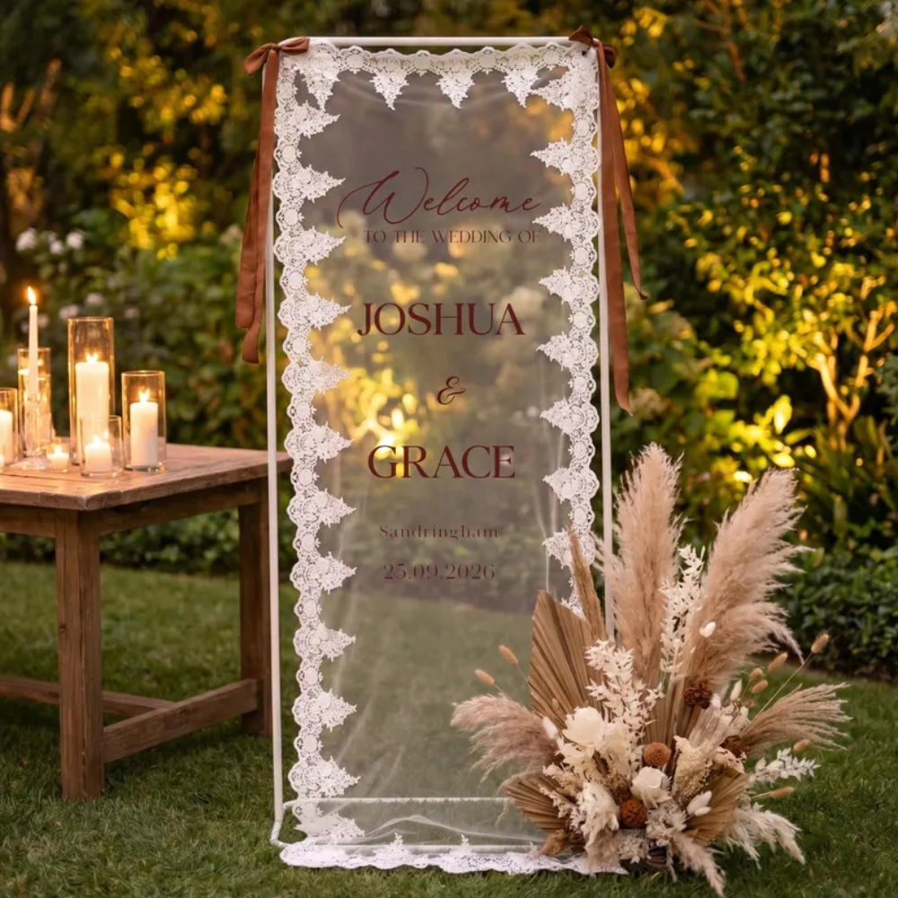 Personalized Lace Sheer Wedding Welcome Sign Banner, Custom Welcome Lace Banner WD0231