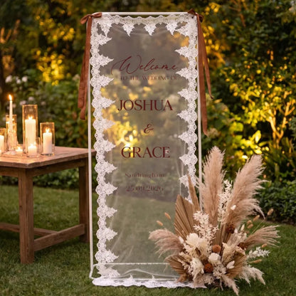 Personalized Lace Sheer Wedding Welcome Sign Banner, Custom Welcome Lace Banner WD0231