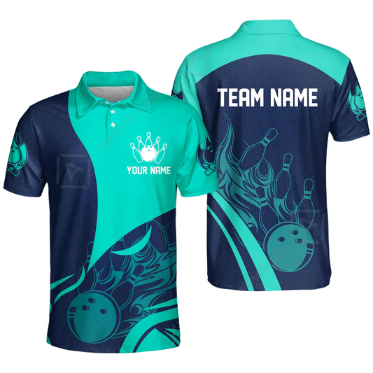 Custom Team Blue Cyan Bowling Polo Shirt Men, Custom Bowling Team Shirts BZ0629
