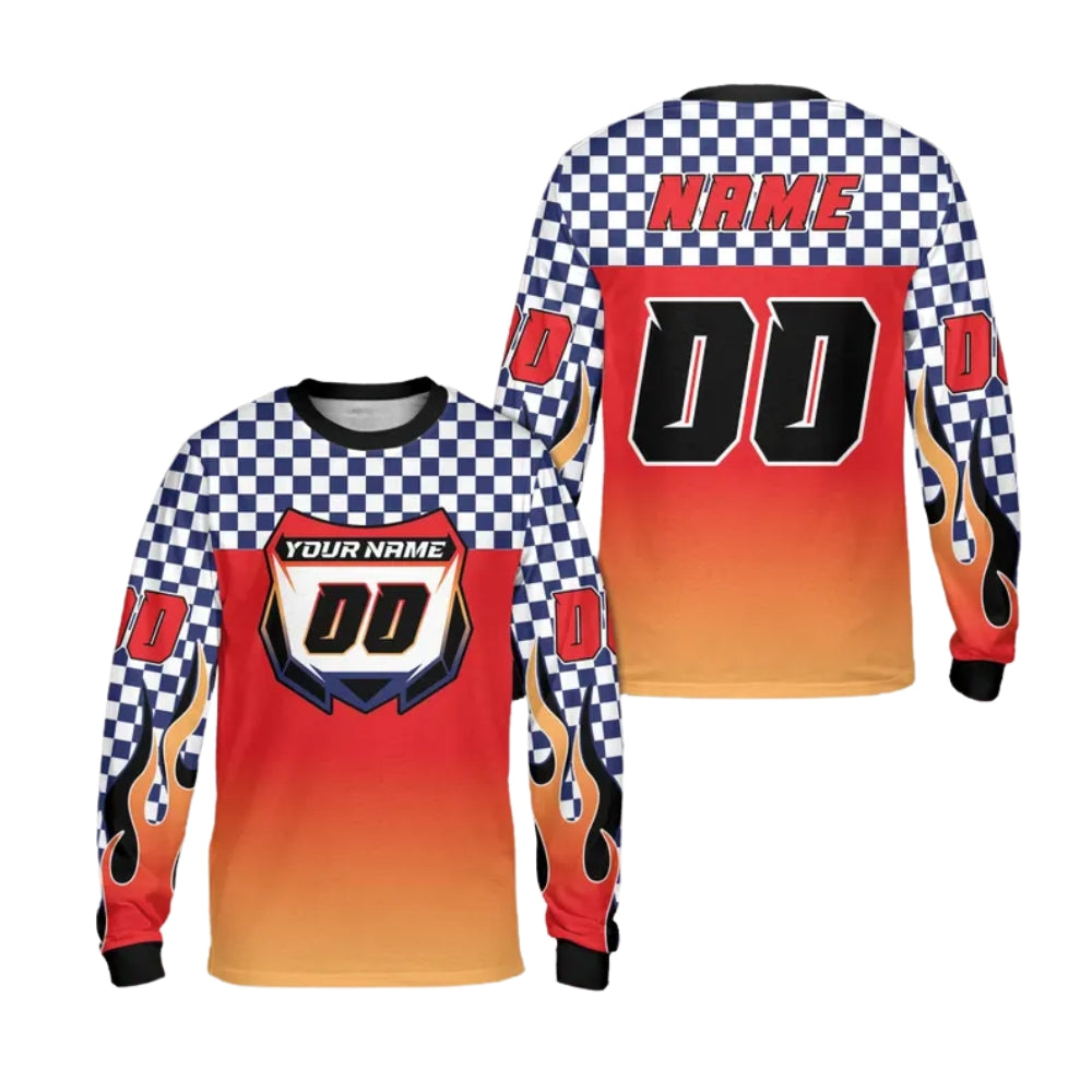 Custom Checkered Gradient Flame Long Sleeve Dirt Bike Jersey For Men, Custom Checkered Dirt Bike Shirts ME0023