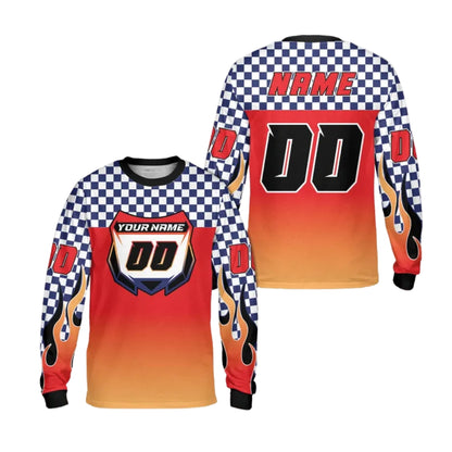Custom Checkered Gradient Flame Long Sleeve Dirt Bike Jersey For Men, Custom Checkered Dirt Bike Shirts ME0023