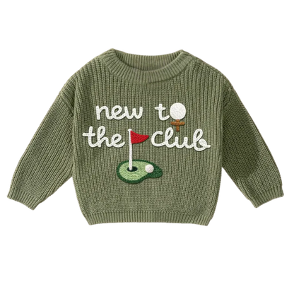 New To The Club Golf Baby Embroidered Knit Sweater, Golf Knit Sweatshirt For Baby BB0124