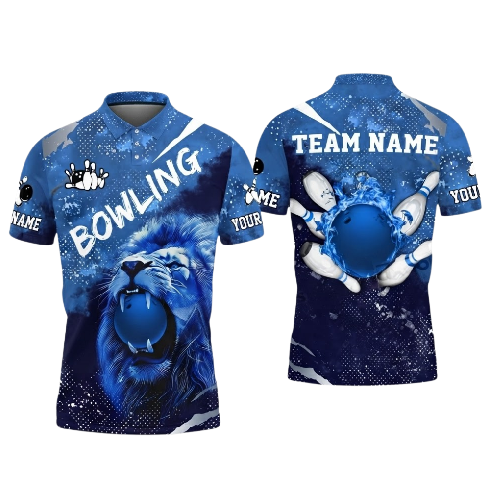 Custom Lion Men's Blue Bowling Polo Shirt, Custom Lion Bowling Team Shirts BZ0622