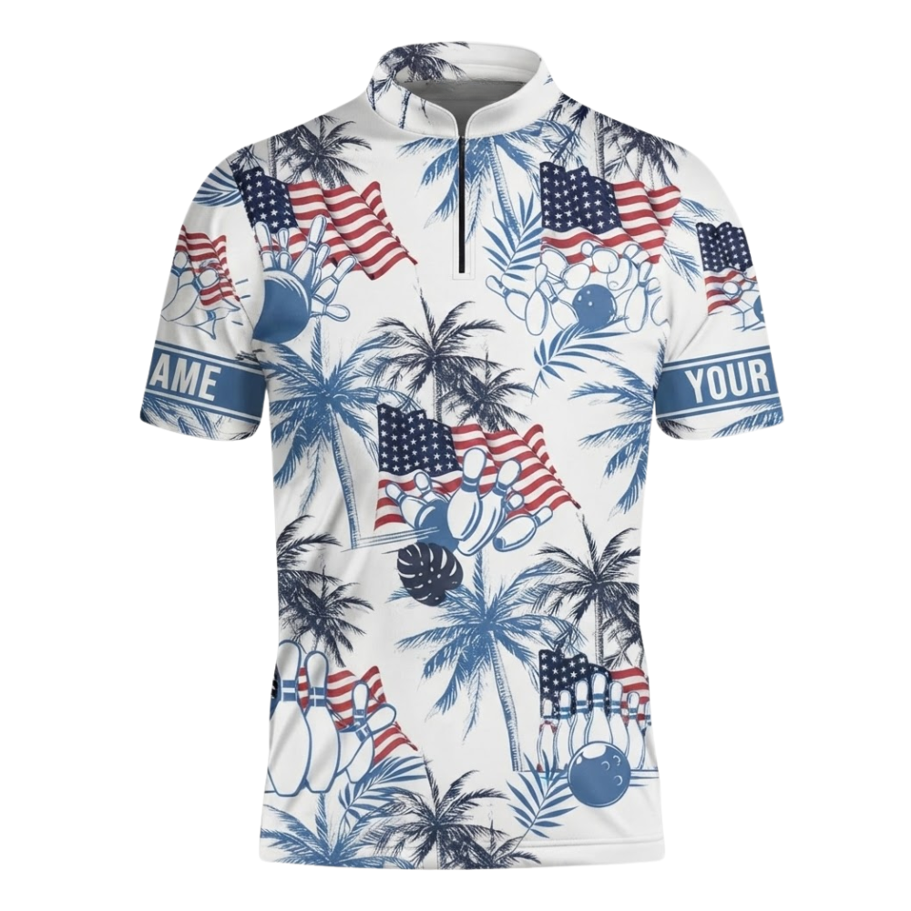 Custom Tropical USA Flag Bowling Jersey For Mens, Custom Name Patriotic Bowling Shirts BZ0582