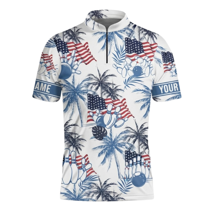 Custom Tropical USA Flag Bowling Jersey For Mens, Custom Name Patriotic Bowling Shirts BZ0582