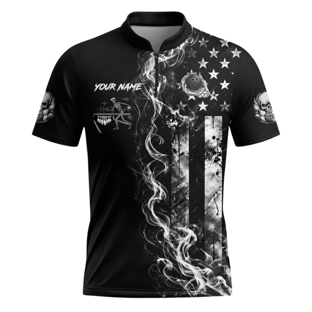 Custom Skull USA Flag Smoke Bowling Jersey Mens, Custom Skull Team Bowling Shirts Black White BZ0501