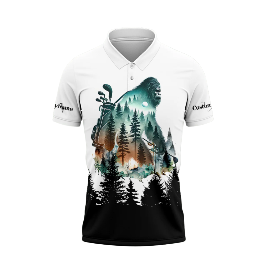 Not All Who Wander Are Lost Some Are Looking For Golf Balls Customized Black And White Bigfoot Golf Polo Shirts For Men, Custom Funny Bigfoot Golf Shirts  GZ0450