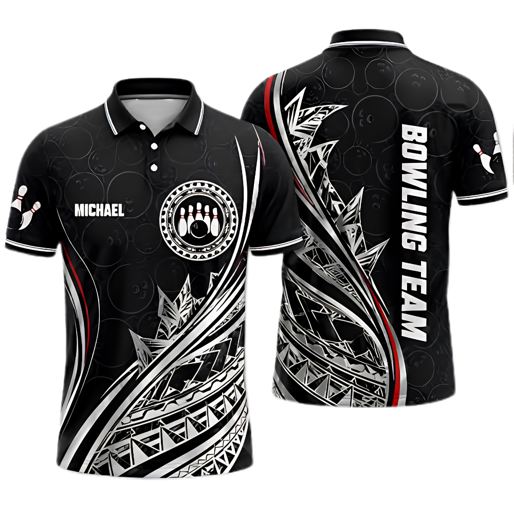 Custom Tribal Black Red White Bowling Polo Shirt For Men, Custom Tribal Bowling Team Shirt BZ0870