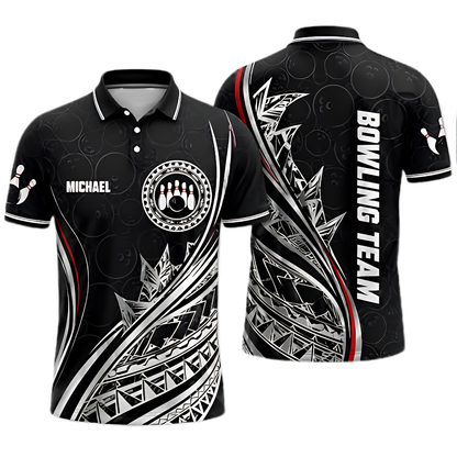 Custom Tribal Black Red White Bowling Polo Shirt For Men, Custom Tribal Bowling Team Shirt BZ0870