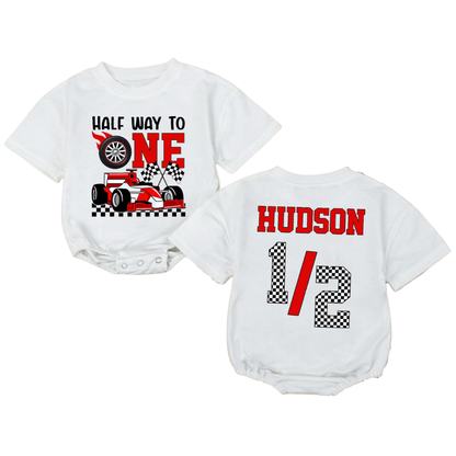 Personalized Racing Half Way to One Baby T Shirt Romper, 1/2 Birthday Baby Boy Romper BB0197