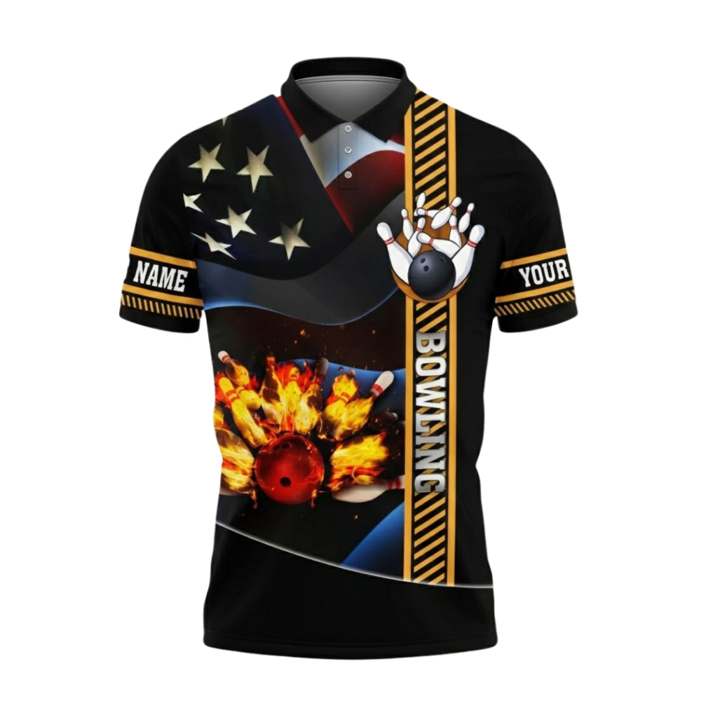 Custom Flame American Flag Bowling Mens Polo Shirt, Custom Team Flame Bowling Shirts BZ0651