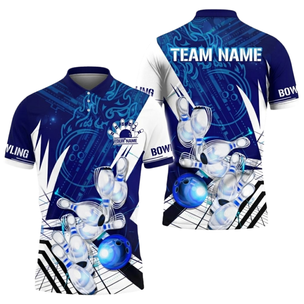 Custom Team Blue And White Bowling Polo Shirt For Men, Custom Bowling Team Shirts BZ0562