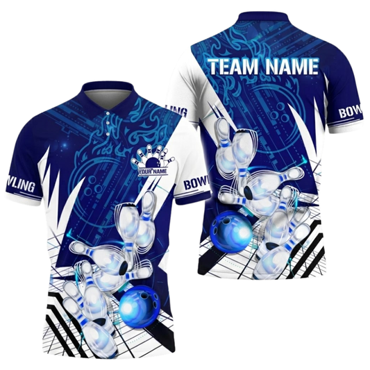 Custom Team Blue And White Bowling Polo Shirt For Men, Custom Bowling Team Shirts BZ0562