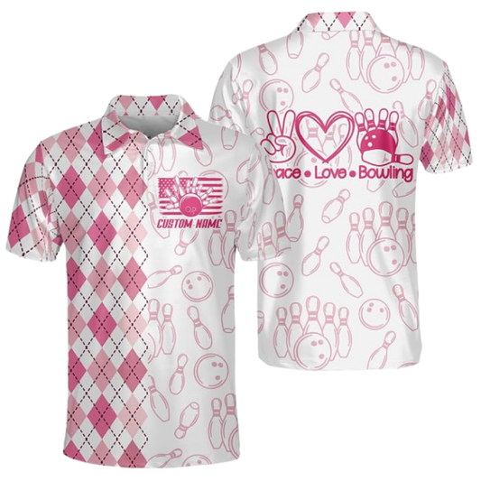 Peace Love Bowling Custom Pink Argyle Mens Bowling Polo Shirt, Custom Name Bowling Shirts BZ0644