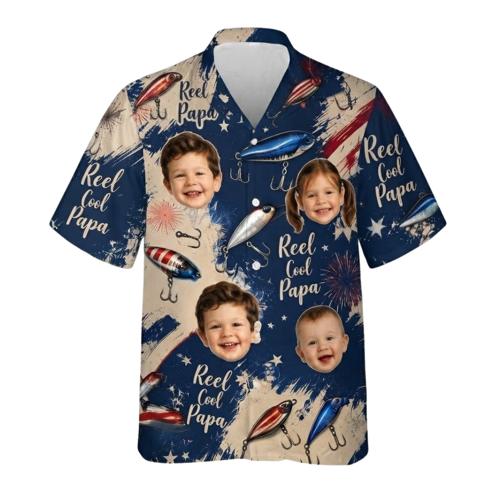 Reel Cool Papa USA Flag Custom Kid Face Fishing Hawaiian Shirt For Dad, Custom Photo Fishing Hawaiian Shirts For Fathers HE0522