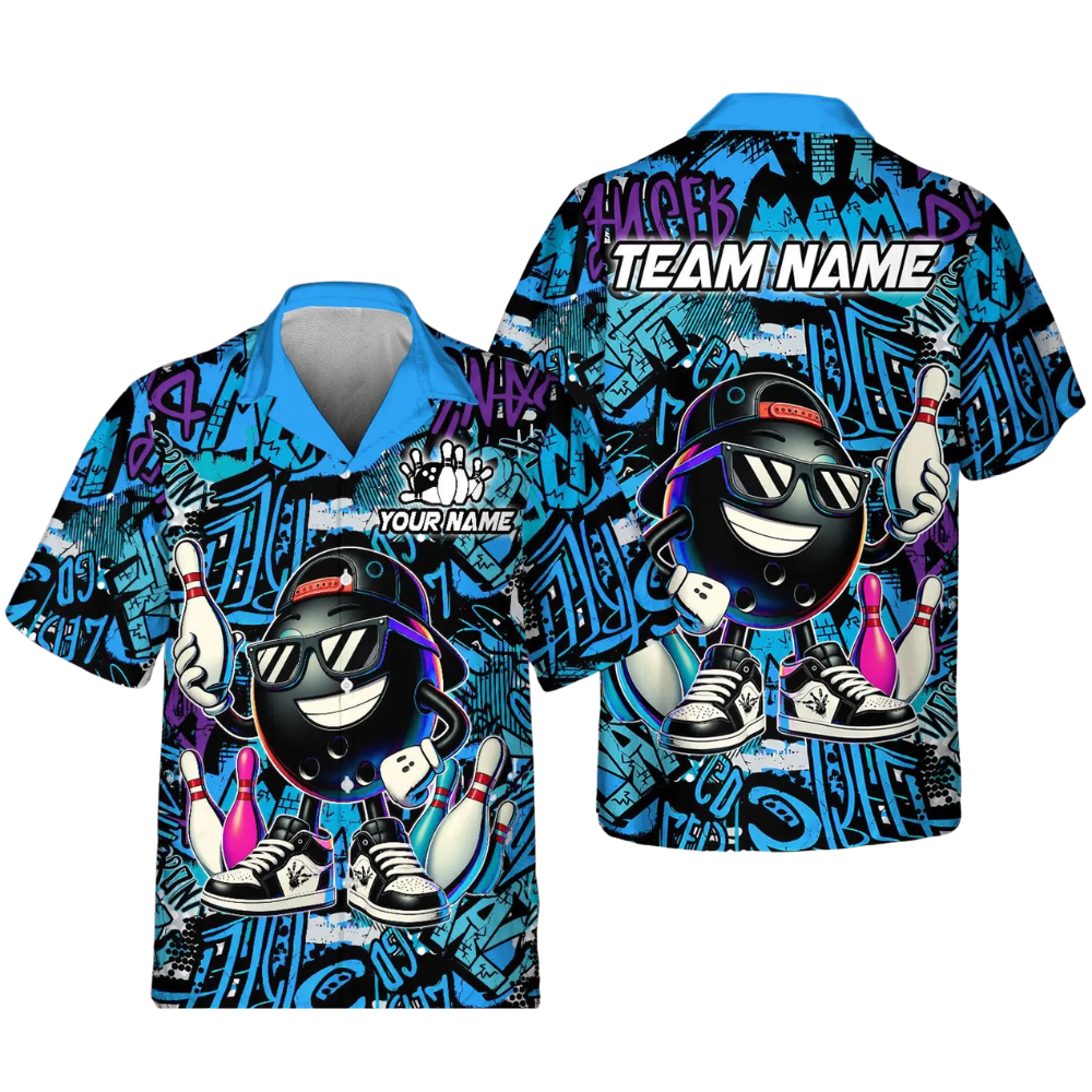 Custom Funny Ball And Pin Graffiti Bowling Hawaiian Shirt For Men, Custom Graffiti Bowling Team Shirts BE0191