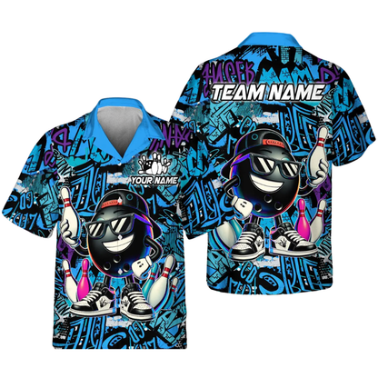 Custom Funny Ball And Pin Graffiti Bowling Hawaiian Shirt For Men, Custom Graffiti Bowling Team Shirts BE0191