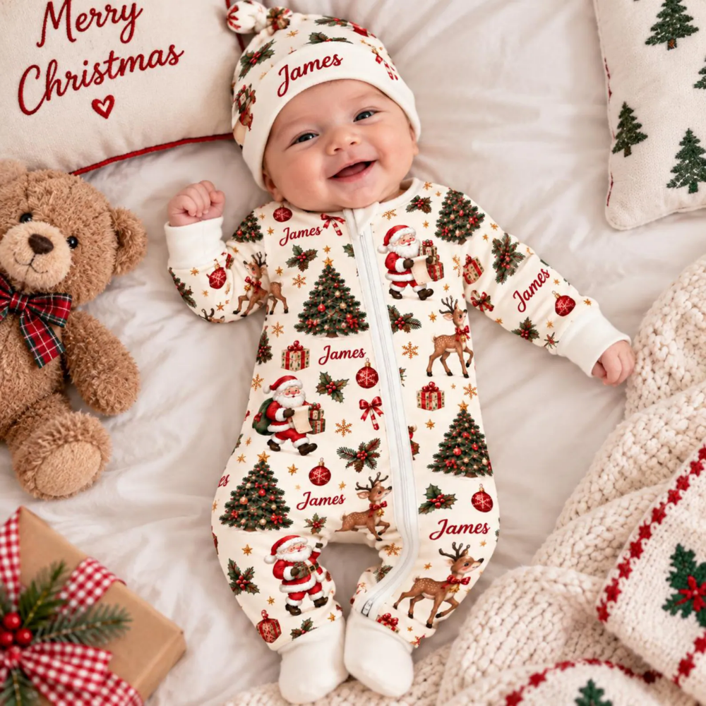 Custom Santa Baby Convertible Zippy Romper With Name, Personalized Christmas Baby Romper Convertible BB0920
