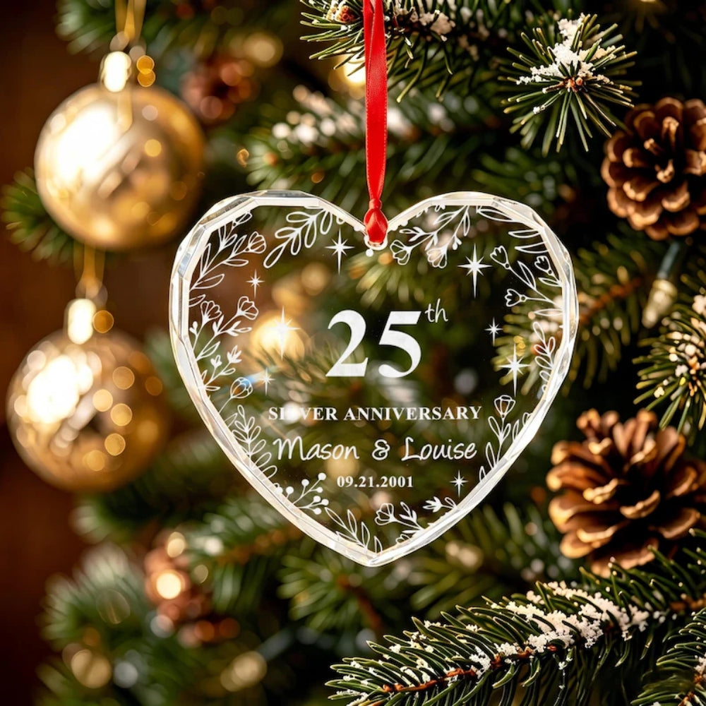 25th Silver Anniversary Custom Couple Name Glass Ornament, Custom 25 Years Wedding Anniversary Ornament WD0291