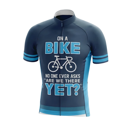 On A Bike No One Ever Asks Are We There Yet Men's Cycling Short Sleeve Jersey, Funny Blue Cycling Jersey CG0874