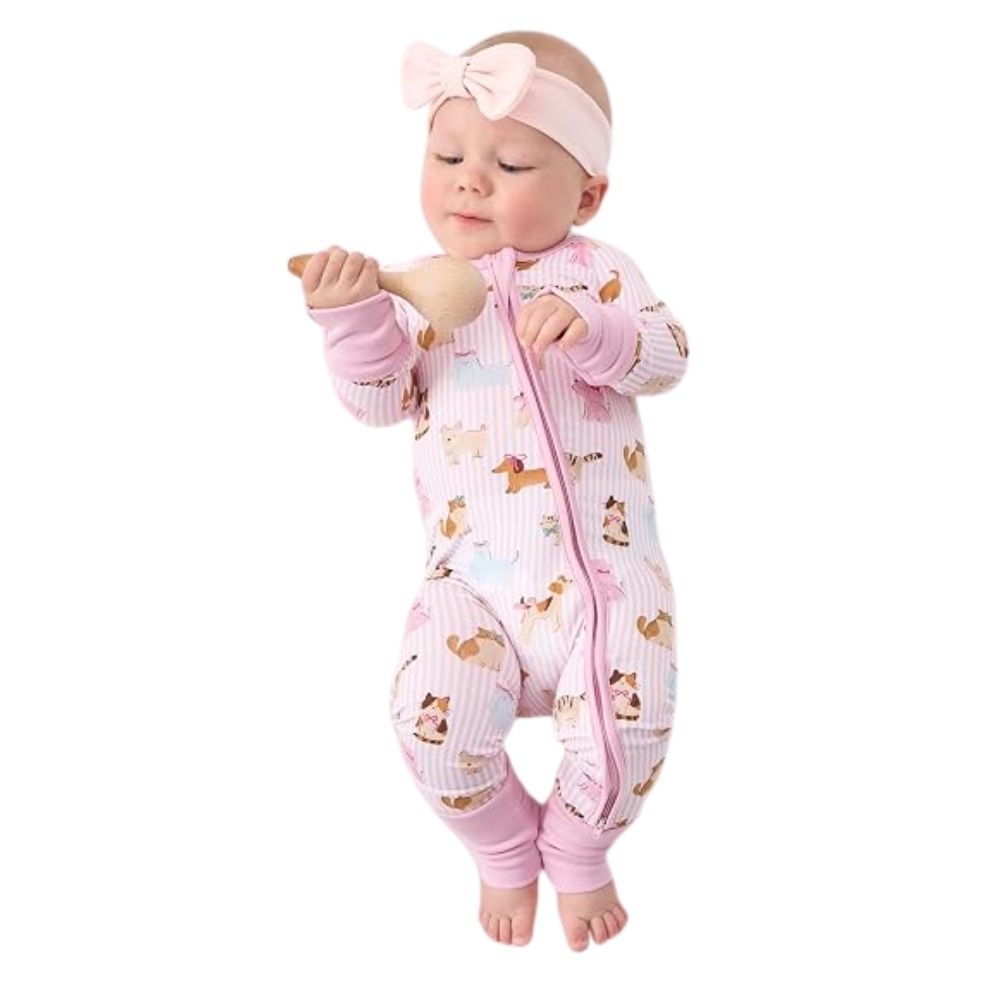 Cat And Dog Pink Baby Romper Convertible Zippy, Pets Romper Convertible For Baby BB0400
