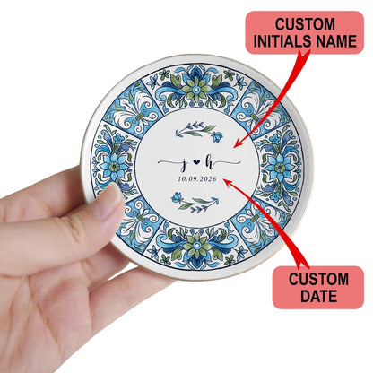 Personalized Blue Floral Wedding Jewelry Dish, Custom Wedding Ring Dish WD0383