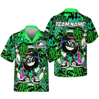 Custom Funny Ball And Pin Graffiti Bowling Hawaiian Shirt For Men, Custom Graffiti Bowling Team Shirts BE0191