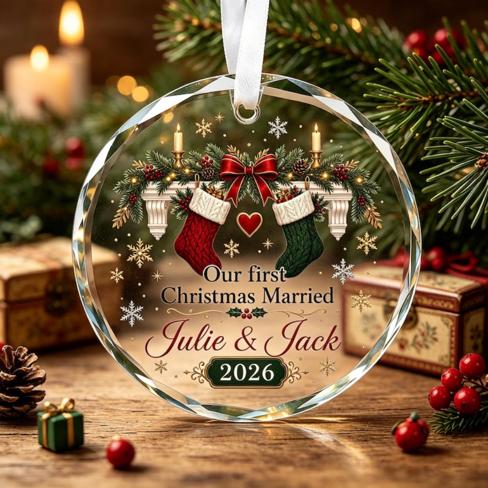 Our First Christmas Personalized Couple Name Glass Ornament, Custom First Christmas Wedding Keepsake Ornament WD0292