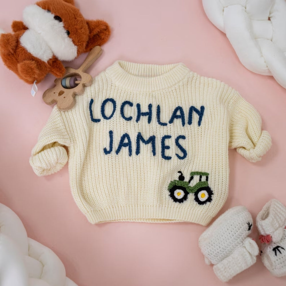 Custom Tractor Baby Embroidered Knit Sweater, Personalized Tractor Baby Sweatshirt BB0766