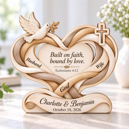 Built On Faith Bound By Love Custom Couple Faith Layer Wooden Plaque, Personalized Christian Wooden Block For Newlywed WD0959