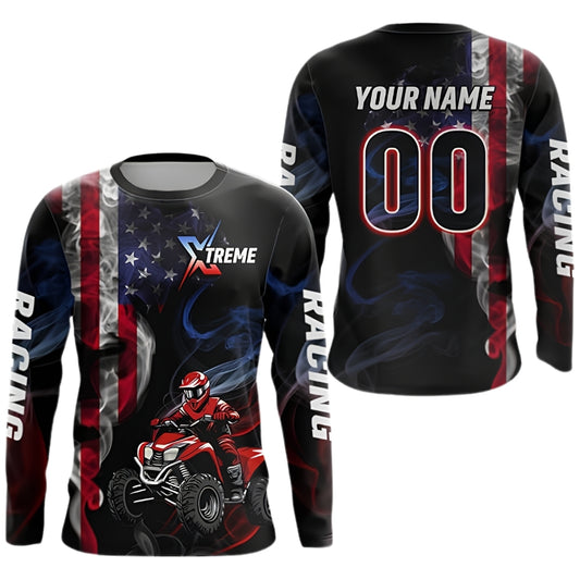 Custom American Flag Smoke Long Sleeve ATV Racing Jersey For Men, Personalized Patriotic ATV Shirts MZ0073