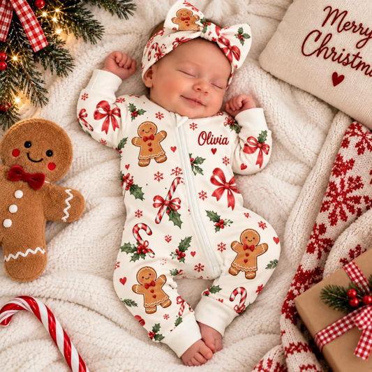 Gingerbread Custom Name Baby Convertible Zippy Romper, Custom Baby Romper Convetible For Christmas BB0921