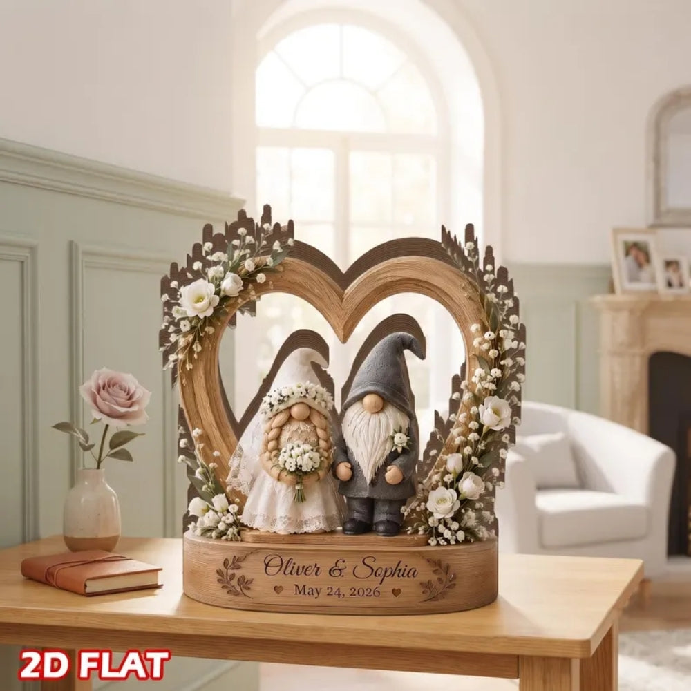 Custom Gnomes Couple Wedding Wooden Plaque, Custom Wooden Block Wedding Keepsake WD0792