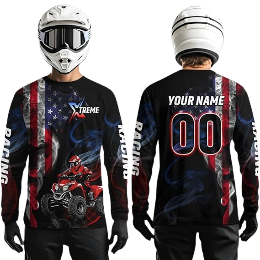 Custom American Flag Smoke Long Sleeve ATV Racing Jersey For Men, Personalized Patriotic ATV Shirts MZ0073