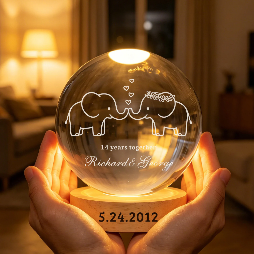 14 Years Together Custom Couple Name Crystal Ball Led Night Light, Custom Ivory Wedding Anniversary Night Light WD0907