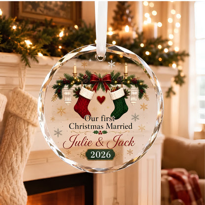 Our First Christmas Personalized Couple Name Glass Ornament, Custom First Christmas Wedding Keepsake Ornament WD0292