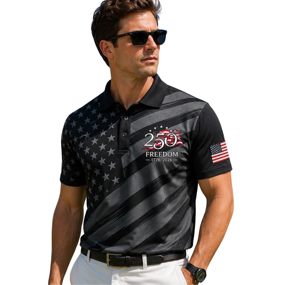 USA Flag 250 Freedom 1776-2026 Men's Black Golf Polo Shirt, Patriotic 4th Of July Golf Shirt GE0522