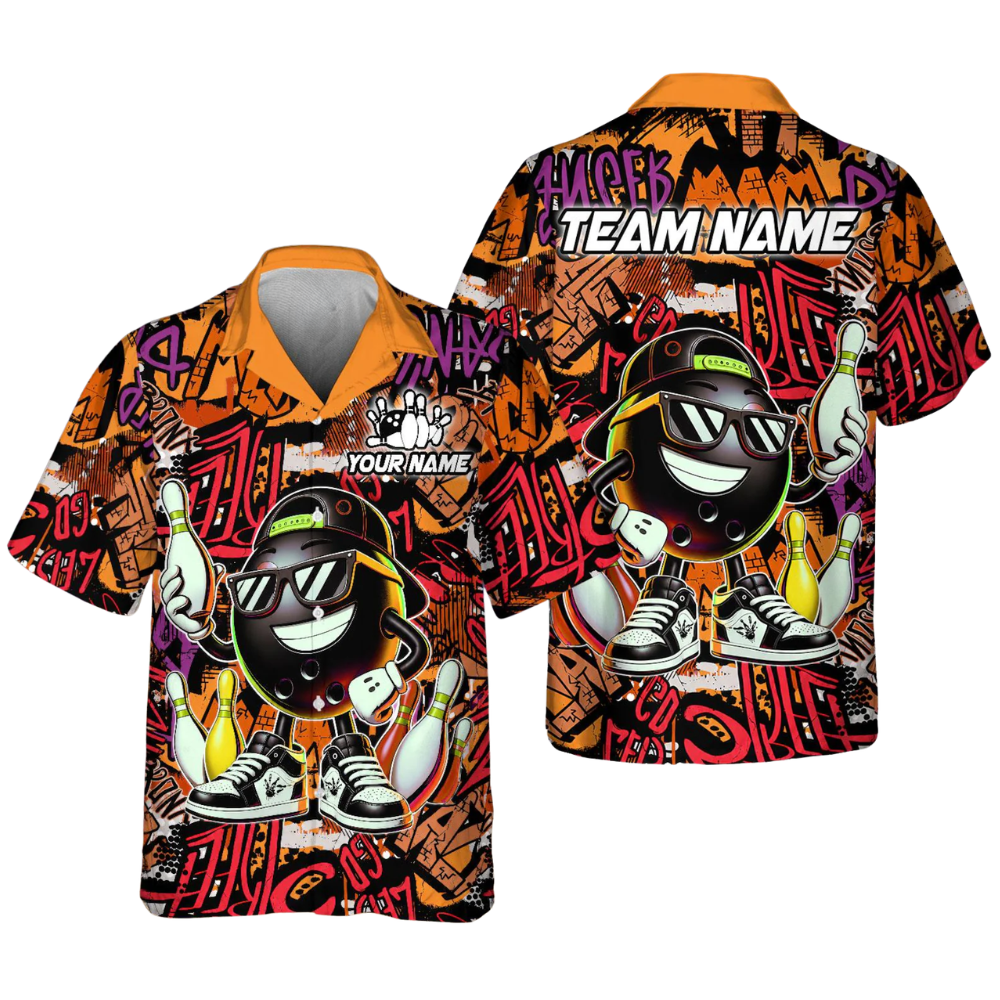 Custom Funny Ball And Pin Graffiti Bowling Hawaiian Shirt For Men, Custom Graffiti Bowling Team Shirts BE0191