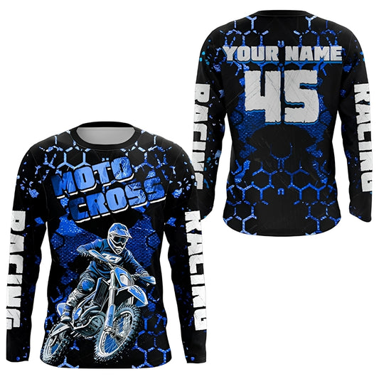 Custom Blue Motocross Long Sleeve Men's Jersey, Personalized Dirt Bike Jerseys With Number MZ0074