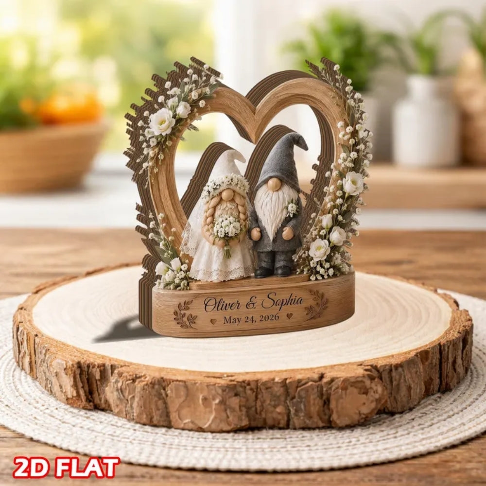 Custom Gnomes Couple Wedding Wooden Plaque, Custom Wooden Block Wedding Keepsake WD0792