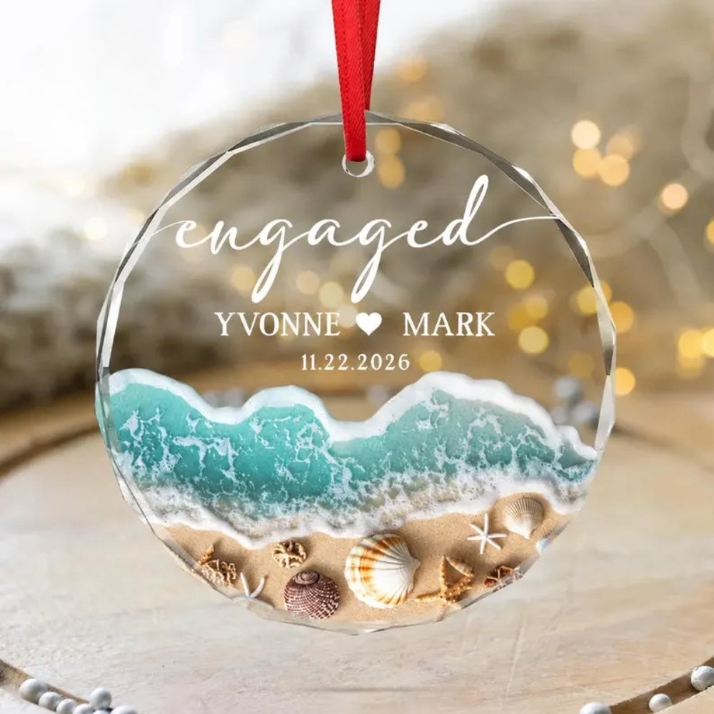 Custom Beach Engaged Glass Ornament With Couple Name, Custom Coastal Engagement Keepsake Ornament WD0293