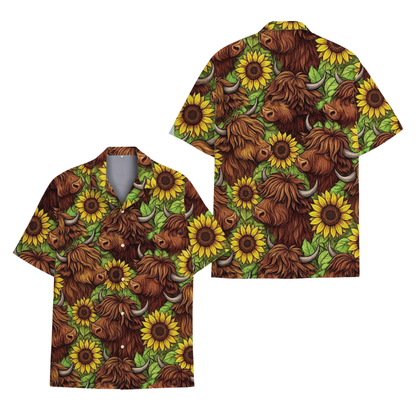 Highland Cow Sunflower Hawaiian Shirts For Men Women, Floral Highland Cow Hawaiian Shirts HE0232