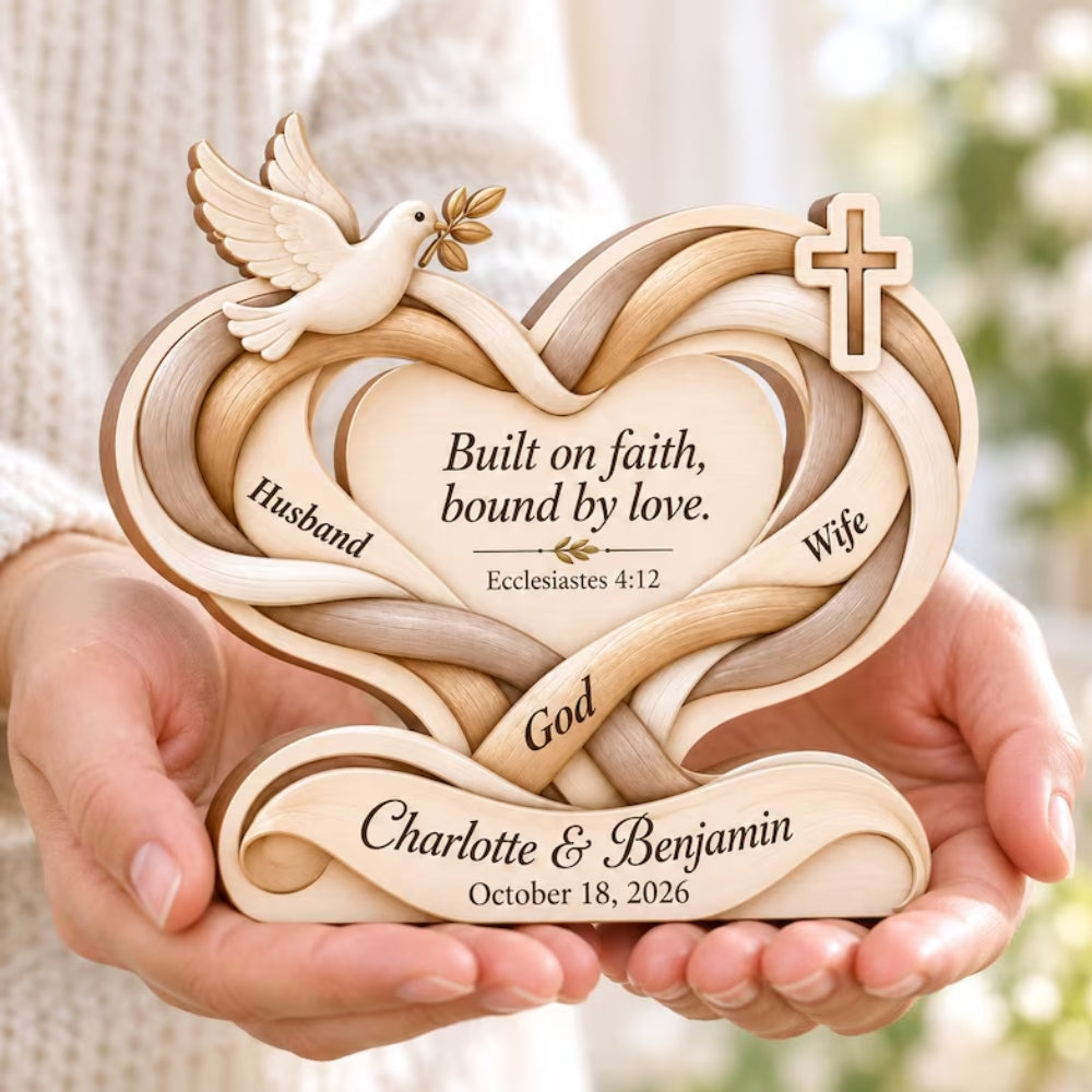 Built On Faith Bound By Love Custom Couple Faith Layer Wooden Plaque, Personalized Christian Wooden Block For Newlywed WD0959