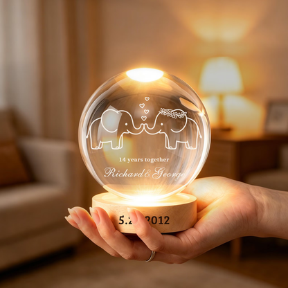 14 Years Together Custom Couple Name Crystal Ball Led Night Light, Custom Ivory Wedding Anniversary Night Light WD0907